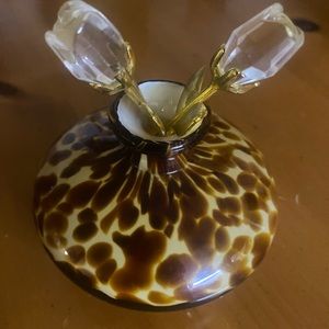 Art Glass Vase Swirl Hand Blown Amber Brown Leopard Spots